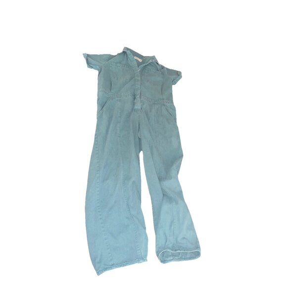 Back Beat Co. Pants - Back Beat Co Boiler Jumpsuit Organic Cotton Linen Snap Womens Medium Teal Blue